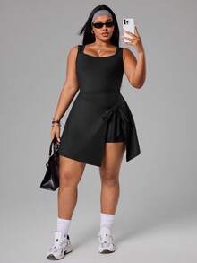 Easithlete Plus Size Women Casual Minimalist Spaghetti Strap Sexy Sports Dress, Spring/Summer Black - Black - View 5
