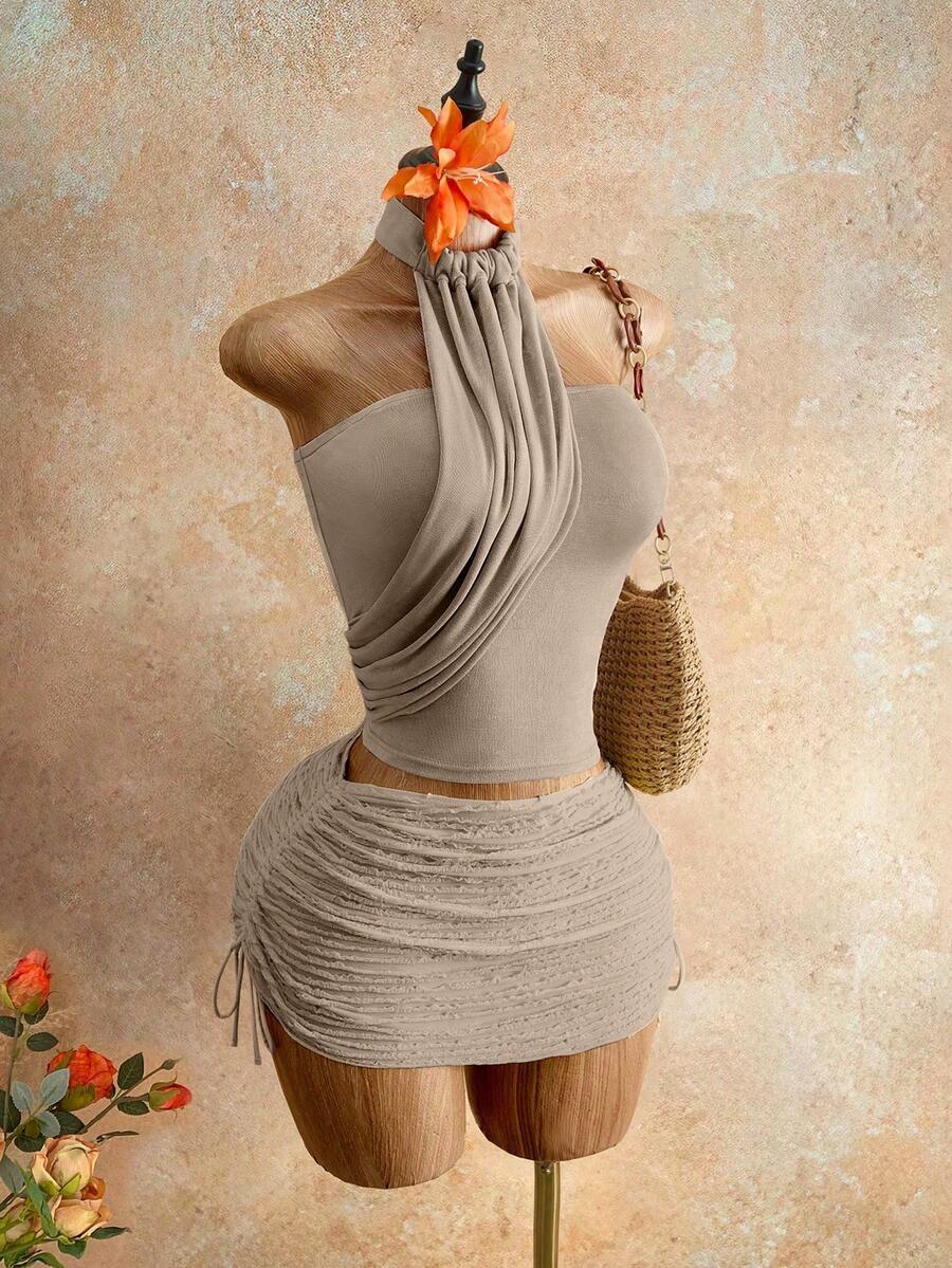 Mistrie Blusa de uso diario versátil de unicolor con pliegues en el cuello halter para mujer - Verde - Ver 1