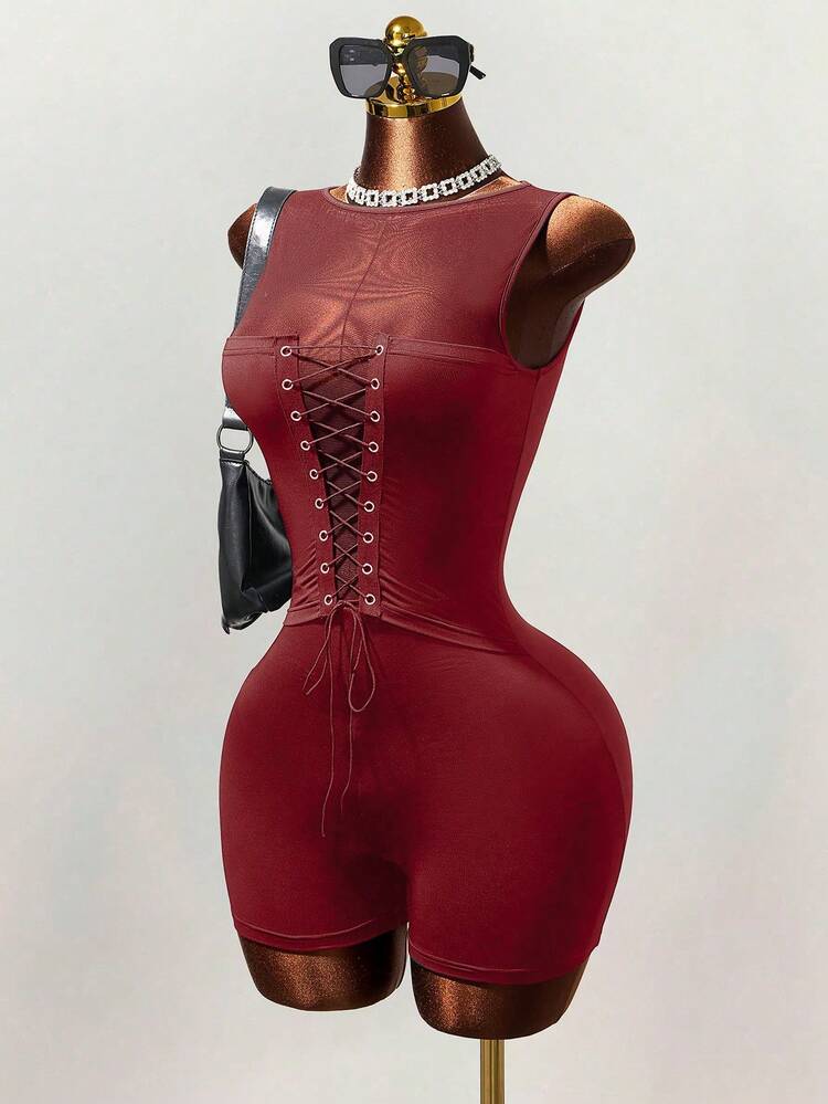 Mistrie Bandage Mesh Patchwork Eyelet Lace-Up Sleeveless High Elasticity Knit Jumpsuit Dark Red Summer Sexy Club Night Out Party - Burgundy - View 4
