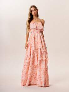 Willow Rêve Women's Pink Bohemian Dreamy Ruffle Layered Dress, Boho Style, Vacation Style - Multicolor - View 3