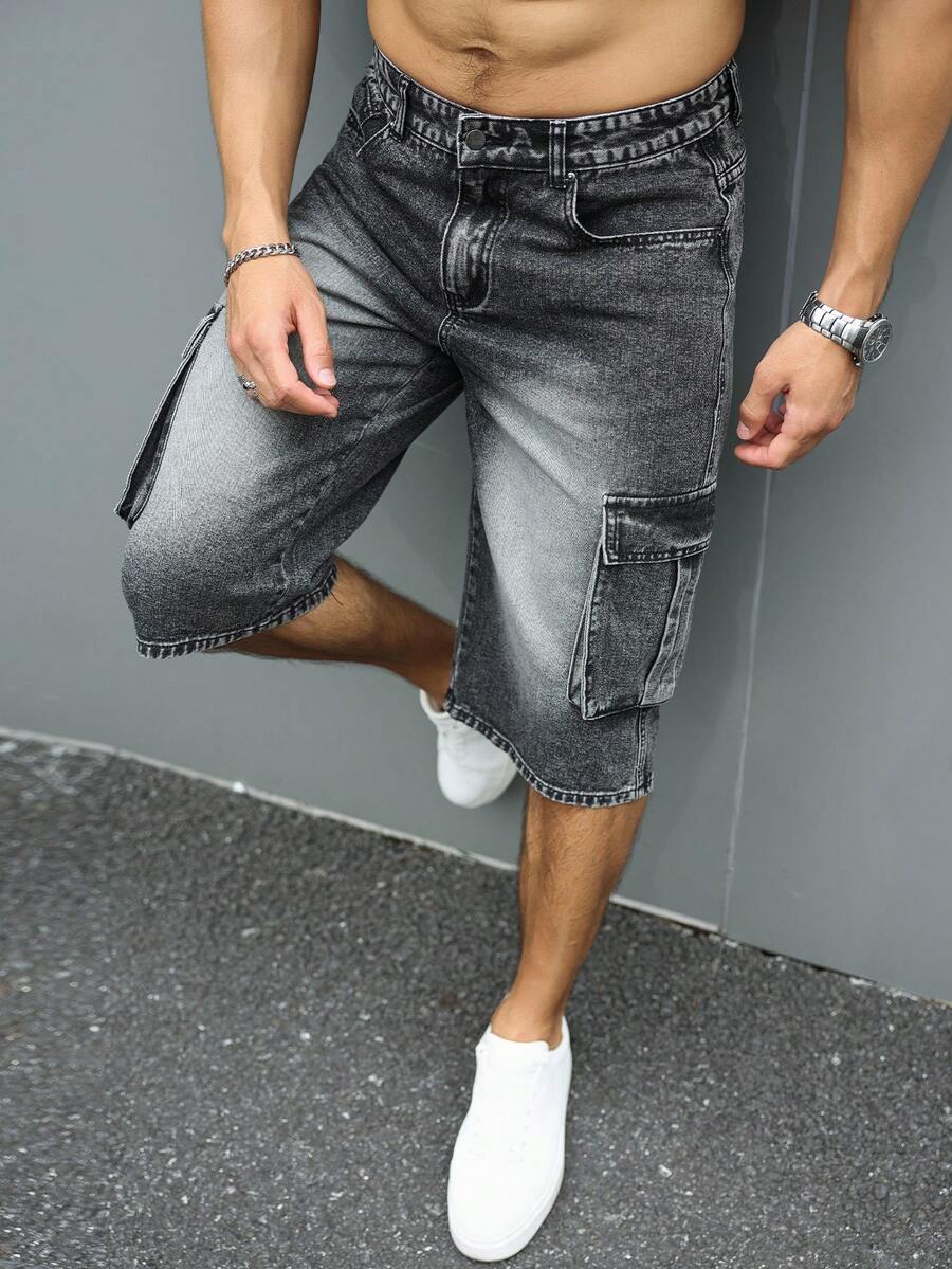 Manfinity Homme Pantalones cortos de mezclilla con bolsillos y botones, pierna ancha, hasta la rodilla, para hombres, vacaciones - Gris - Ver 1