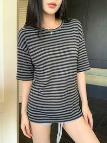 DAZY 春夏秋款女式寬鬆休閒街頭風灰色細條紋拼色拼接基礎款音樂節度假風長短袖T恤 - 灰色 - 查看 6