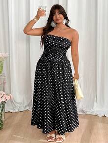 GalTyme Plus Size Women's Polka Dot Ruched Casual Tube Dress - Black and White - View 6
