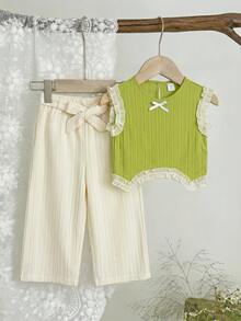 Baby Girls' Light Green Ruffle Bow Top Paired With Apricot Casual Pants, Cute Outfit For Daily, Vacation, Commute - Green - View 4