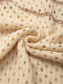 GlowEve CURVE Plus Size Contrast Trim Hollow Out Knit Short Sleeve Loose Versatile Traditional Slimming Round Neck Knit Top Sweater Vacation Beige Summer - Khaki - View 8