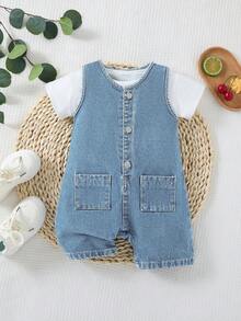 SHEIN Baby Boy Sleeveless Denim Romper - Light Wash - View 7