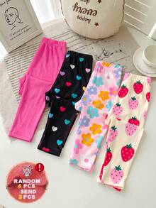 3pcs/Set Surprise Hidden Box, Random 3pcs Girls Leggings - Heart, Colorful Flower, Strawberry And Solid Fuchsia, Suitable For Spring/Summer, Sweet & Fresh, Comfortable For Outings & Daily Activities - Multicolor - View 4