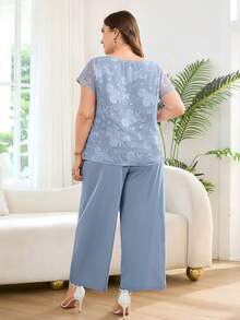Reflora Conjunto de 2 piezas para mujer talla grande, elegante top de manga corta de unicolor y pantalones largos, adecuado para primavera, verano, uso diario, ir al trabajo - Celeste - Ver 2