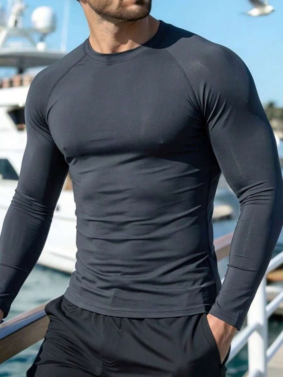 HIMLAND Men's Solid Color Tight-Fitting High Elasticity Rash Guard Shirt - Light Grey - View 1