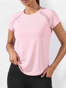 SHEIN BASICS Women Solid Color Round Neck Raglan Sleeve Short Sleeve Sports T-Shirt Gym Shirts - Pink - View 2