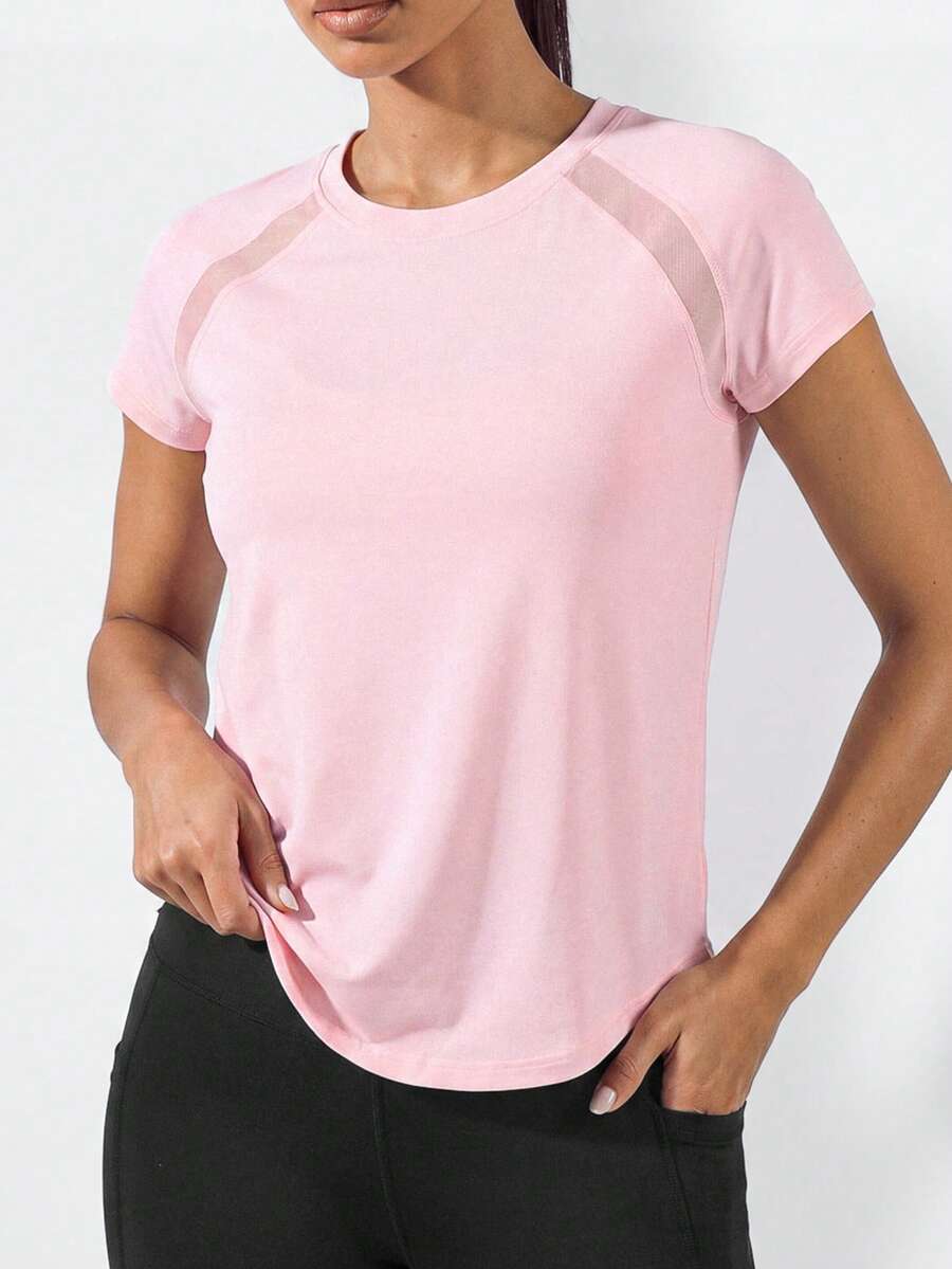 SHEIN BASICS Women Solid Color Round Neck Raglan Sleeve Short Sleeve Sports T-Shirt Gym Shirts