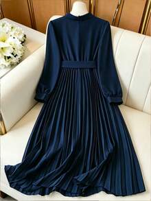 GlowEve 1pc Rivets Decorated Hem Pleated Commuter Dress For Women, Long Sleeve Maxi Women Outfit Fall Cloth For Women - Navy Blue - View 2