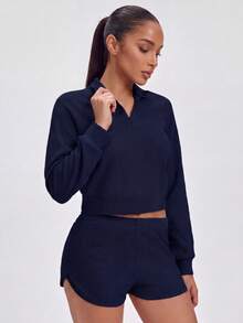 SHEIN BASICS Sports Tennis Basic Outdoors With SWEATSHIRT AND SHORT Pants SET - Navy Blue - View 5
