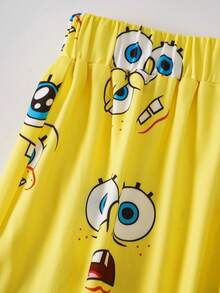 SpongeBob SquarePants | SHEIN بيجامة صيفية مطبوعة جميلة بياقة طاقم وأكمام قصيرة مقاس كبير - أصفر - مشاهدة 7