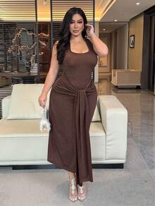 Dazy Plus Stretchy Metallic Shiny Fabric Wrap Bodycon Skirt, Sexy Backless Dress With Waist Tie, Plus Size Women Spring/Summer Sleeveless Brown Party Gown - Brown - View 7