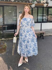 Bijouette Plus Size Women's Floral Print Ruffle Ruffle Adjustable Strap A-Line Dress Suitable For Dates Evening Wedding Blue And White Summer Elegant - Blue and White - View 3