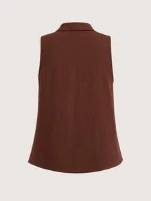 SHEIN Holidaya Women's Casual 100 Cotton V-Neck Sleeveless Blouse, Shades Of Brown, Summer, Boho, Holiday, Vacation, Top Elegant Party Wedding Guest Office - Brown - View 3
