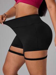 SHEIN Rhythm Era Damen Große Größen Hoher Bund Figurformende Sport Shorts - Schwarz - Übersicht 5