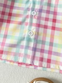 SHEIN Playful Pals 女婴休闲格子长袖衬衫，可爱清新韩版风格，适合春、秋、冬三季穿着，百搭单品 - 彩色 - 查看 6