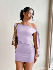 leahseptember Vestido ajustado sexy con volantes asimétricos en los hombros, que cincha la cintura y tiene una silueta favorecedora, elegante vestido mini francés - Lila Púrpura - Ver 3