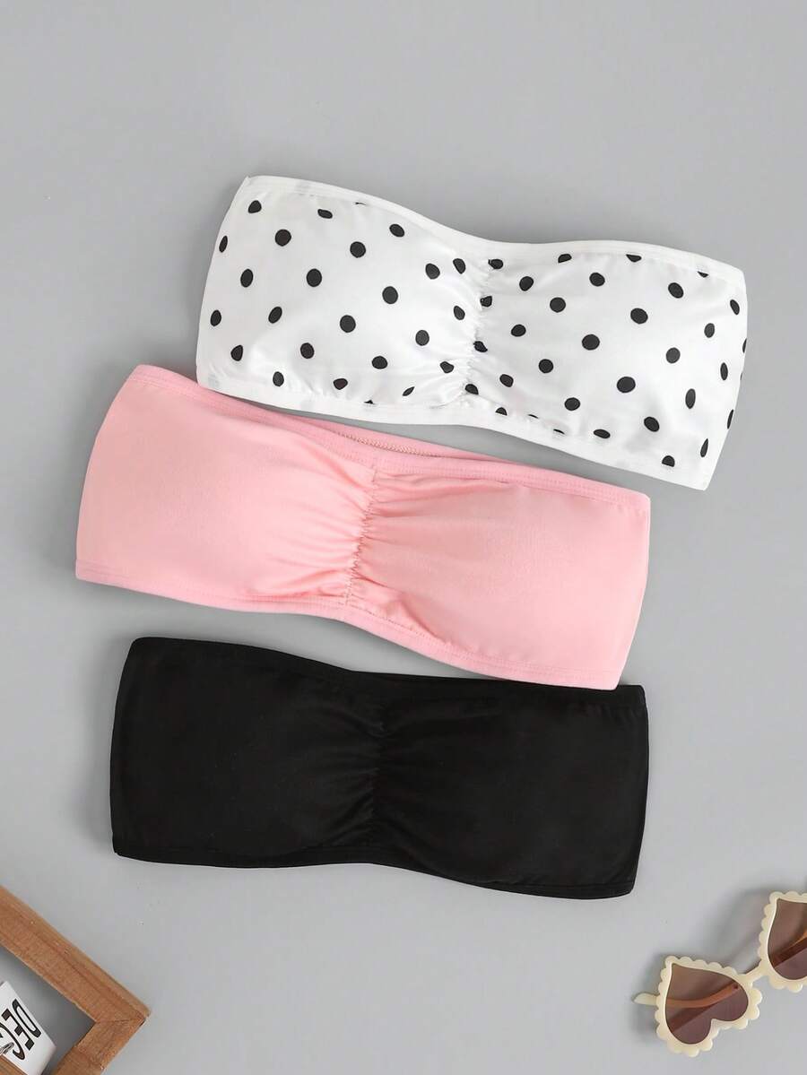 SHEIN Tween女孩3件組休閒細肩帶內衣短版上衣層搭胸罩,黑色、粉色、波點印花抹胸上衣,可愛抹胸上衣套裝,附胸罩肩帶抹胸內衣女童抹胸上衣套裝 - 彩色 - 查看 1