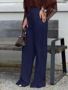 Jeta Ari Pantalones anchos de pierna ancha de color azul marino minimalistas y elegantes, adecuados para el transporte, pantalones anchos de pierna ancha de cintura alta de color azul marino y pantalones de traje de color azul marino para otoño e invierno. - Azul Marino - Ver 4