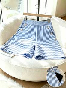 Franclia Quần short nữ cạp cao dáng chữ A ống rộng, có túi, màu xanh dương và trắng kẻ sọc dọc, đính ngọc trai giả. - Màu xanh lam - Xem 4