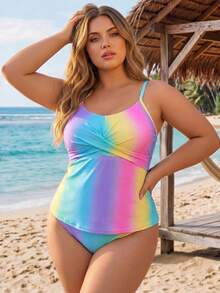 SHEIN CURVE+ Plus Size Spaghetti Strap Gradient Color Tankini Top, Summer - Multicolor - View 3