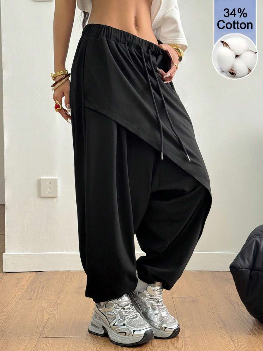 Coolane 男女夏季街頭風休閒運動嘻哈復古舒適多褶跨部長褲 - 黑色 - 查看 1