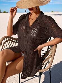 Swim Vcay Vacation Beach Solid Color Hollow Knit Kimono Cover-Up - Coffee Brown - View 4