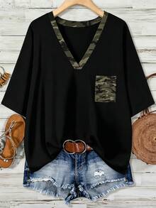 SHEIN LUNE Kaos Ukuran Besar Minimalis Kasual Motif Kamuflase Warna Kontras, Cocok untuk Musim Panas - MultiWarna - View 1