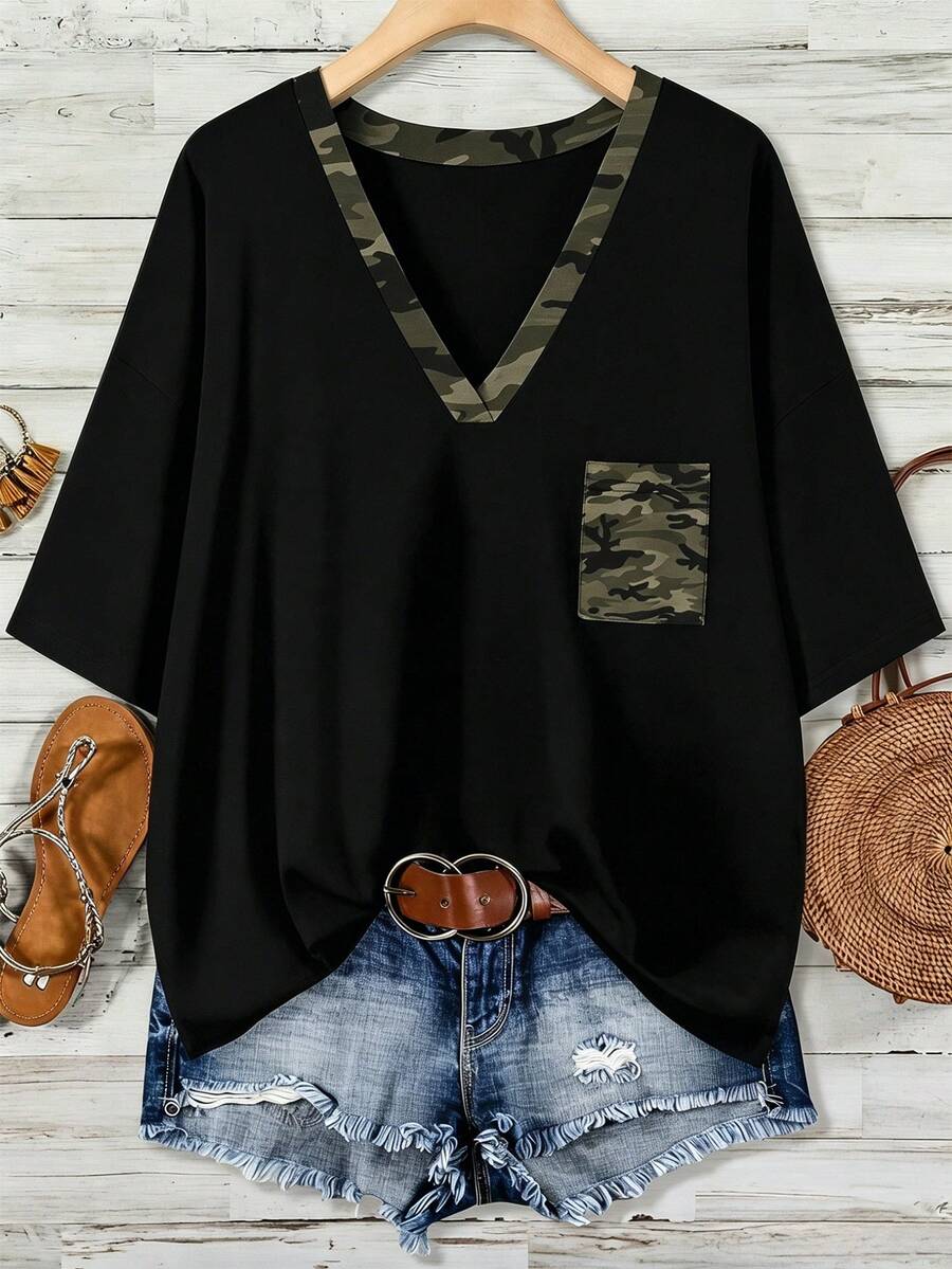 SHEIN LUNE Kaos Ukuran Besar Minimalis Kasual Motif Kamuflase Warna Kontras, Cocok untuk Musim Panas - MultiWarna - View 1