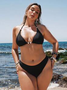 SHEIN BAE Plus Size Women Summer Beach Vacation Solid Color Sexy Halter Bikini Set - Black - View 3