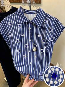 GlowEve Camisa casual de mujer con rayas y decoración de rhinestones de un solo botonadura - Azul - Ver 1