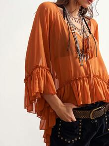 Bohemela Camisa holgada de mujer de unicolor con volantes en el bajo - Naranja - Ver 4