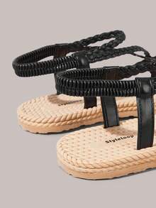 Styleloop Sandal Datar Wanita Anyaman dengan Gesper, Hitam, Sol Mirip Tali, Desain Cincin Jari Kaki, Desain Tali Romawi, Suasana Liburan, Pakaian Musim Panas, Perlengkapan Perjalanan - Hitam - View 10