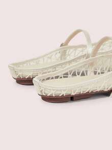 CUCCOO DOLLMOD Women's Shoes, Beige, Plaid Embroidered Upper, Exposed Heel, Round Toe, Flat Bottom, Sweet, Cute, Comfortable And Casual. - Iron mesh - apricot - View 6