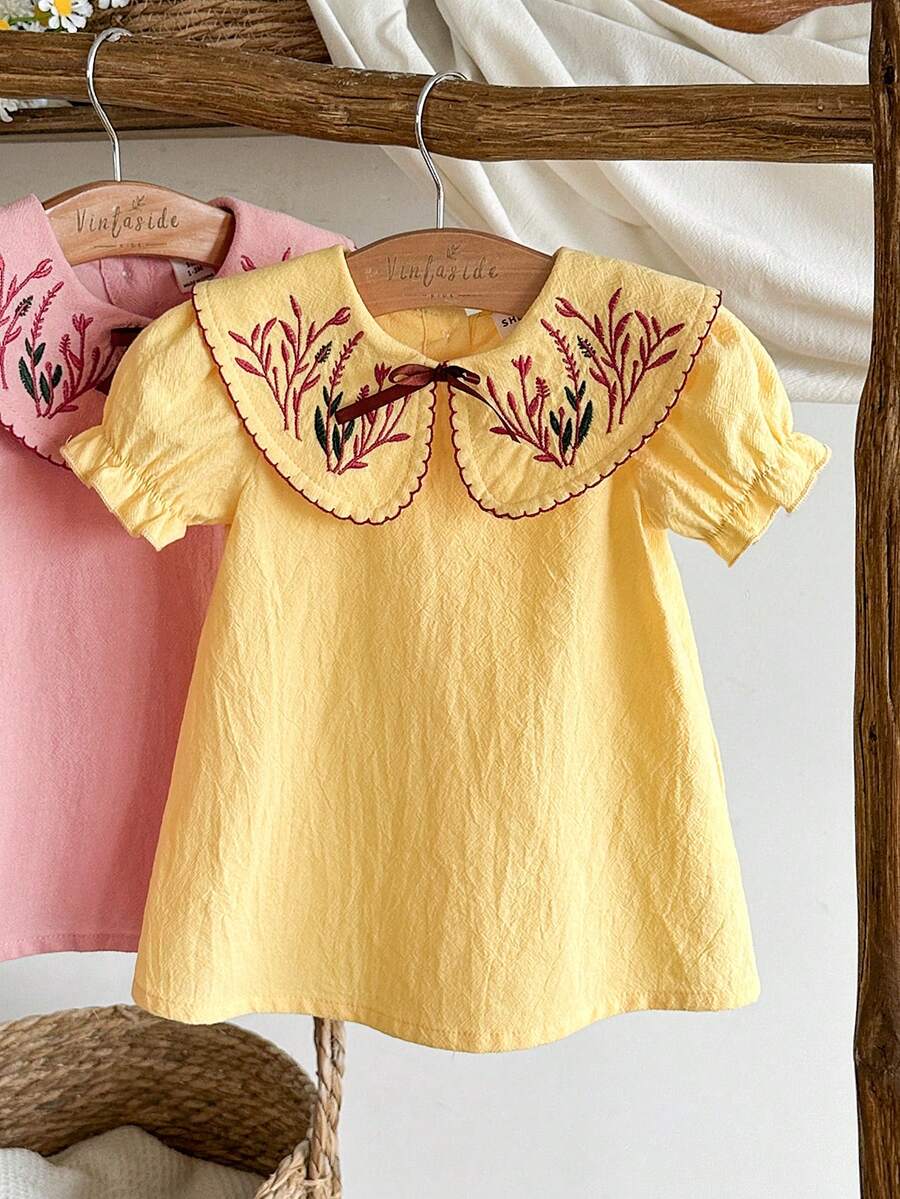 Vintaside Kids 新生女宝宝花卉刺绣连衣裙，乡村风时尚优雅百搭可爱春夏柔软面料 - 黃色 - 查看 1