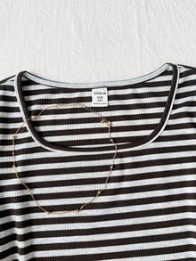 SHEIN Tween Girl Tween Girls Casual Everyday Comfortable Scoop Neck Striped Short Sleeve T-Shirt - Multicolor - View 4
