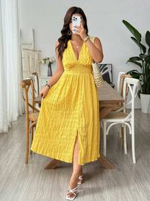 SHEIN LUNE CURVE Plus Size Women's Woven Regular Summer Lightweight Elegant Date Gym Comfortable V-Neck Sleeveless Cinched Waist Flared Hem Long Dress, Brown - Yellow - View 6