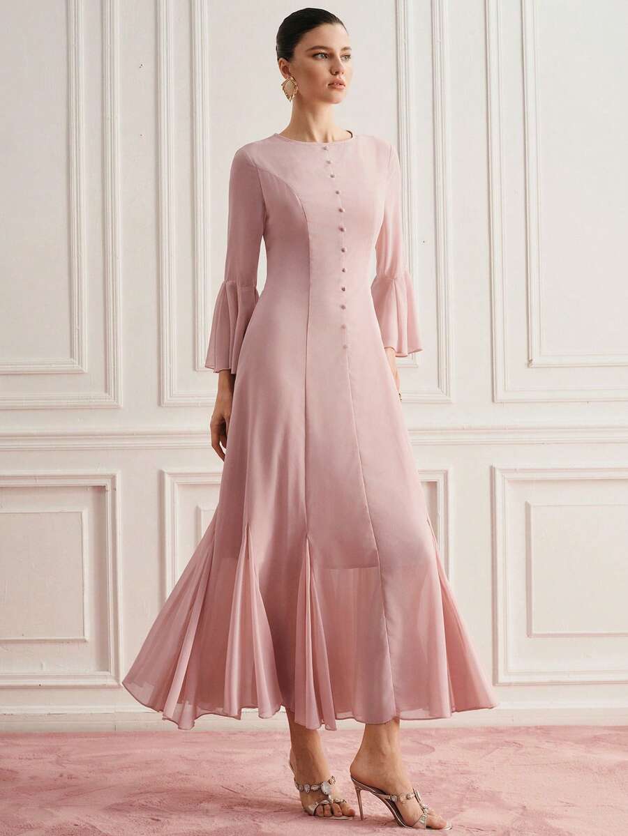 SHEIN Women's Solid Color Button Design Elegant Flare Sleeve Dress Dinner Light Pink Autumn - Beige - View 1