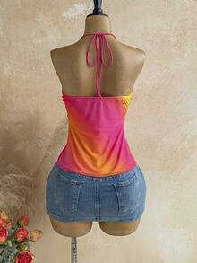 Soleia Top halter con tiras anudadas y degradado de puesta de sol romántico para mujer, vacaciones, festival de música vintage, fiesta, vacaciones tropicales, cita, té de la tarde, crucero de playa, viaje por carretera, vacaciones en la ciudad, festival de música, fiesta, bohemio, hippie, occidental, carnaval, Día de San Patricio - Rosa Fucsia - Ver 2