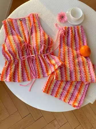 Comfortcana Women's Vacation Pink And Orange Wavy Texture Tie-Up Camisole And Drawstring Waist Long Pants 2 Pieces Set Beach Summer Y2k Tropical