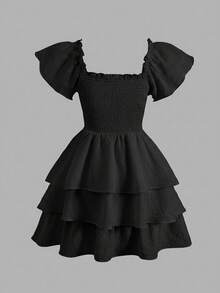 SHEIN 青少年女孩休閒度假黑色紋理方領短袖層疊荷葉邊 A 字洋裝 - 黑色 - 查看 3