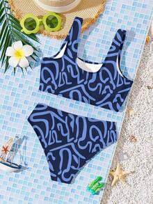 Tween Girls Allover Print Tankini Swimwear Set, Suitable For Summer - Multicolor - View 2