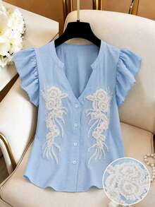 Qadelle New Chinese Style Light Blue Pearl Embroidered V-Neck Ruffle Sleeve Blouse, Floral Design Commute Top - Blue - View 1