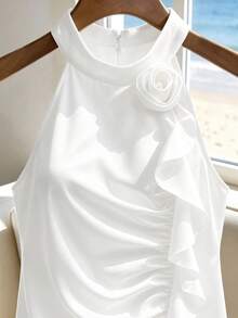 GlowEve CURVE Plus Size Women Solid Color 3D Floral Decor Pleated Halter Blouse Party Vacation Wedding Guest All White Summer - White - View 7