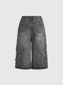 ROMWE Grunge Punk Celana Capri Denim Kaki Lebar Gaya Jalanan Vintage Unisex Kasual dengan Patch Lima Bintang, Cocok untuk Sekolah - Grey - View 2