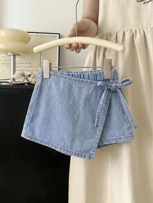 Shorts vaqueros casuales con nudo lateral para niña joven - Lavado ligero - View 1