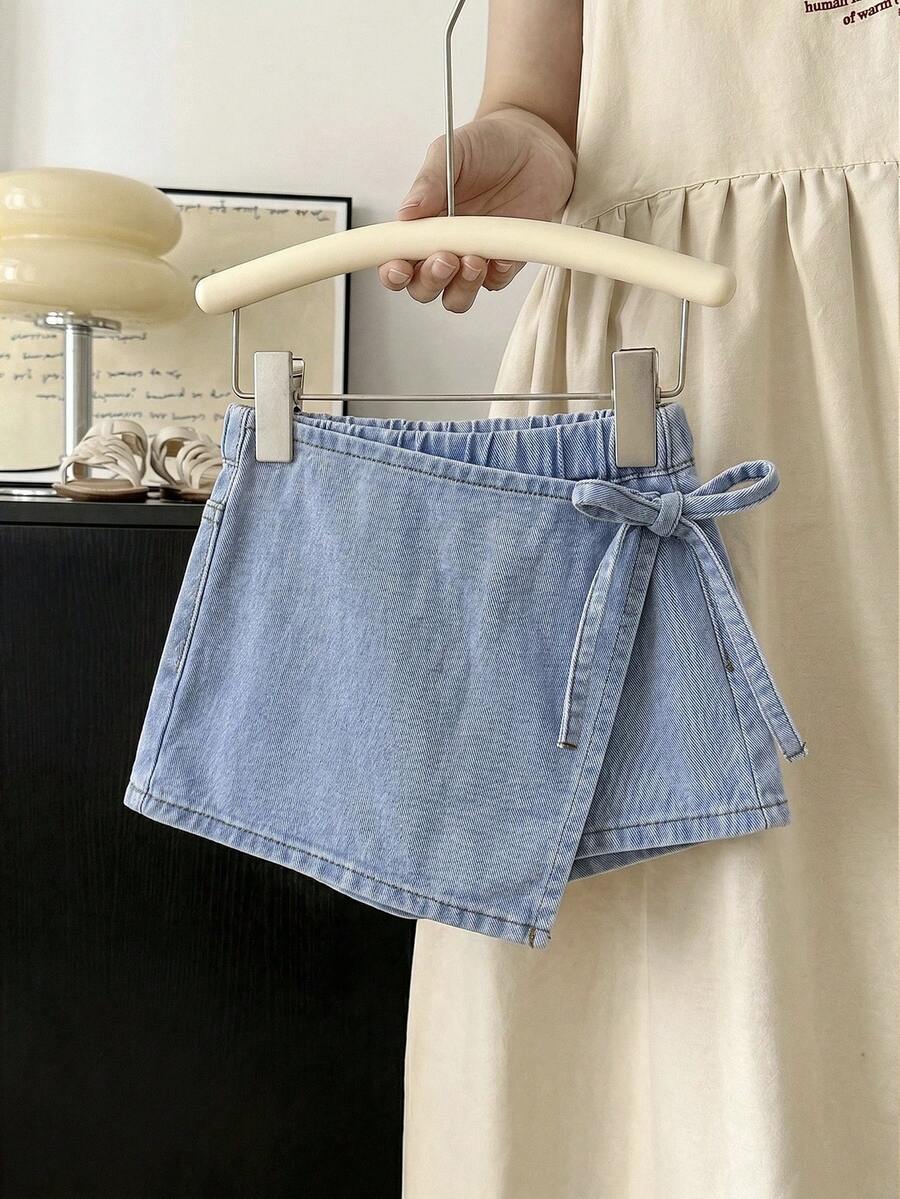 Shorts vaqueros casuales con nudo lateral para niña joven - Lavado ligero - View 1